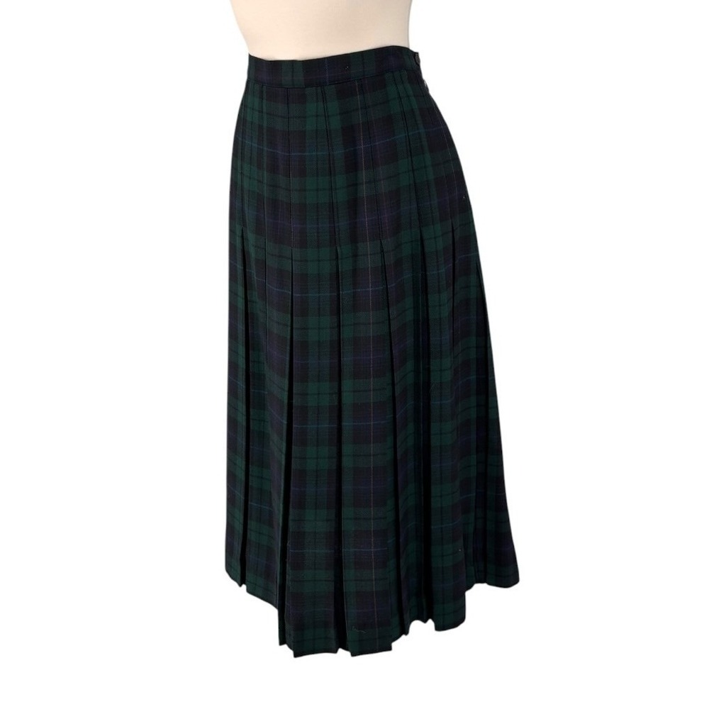 Vintage Bretton Place Pleated Skirt Women 14P Black Watch Plaid Midi